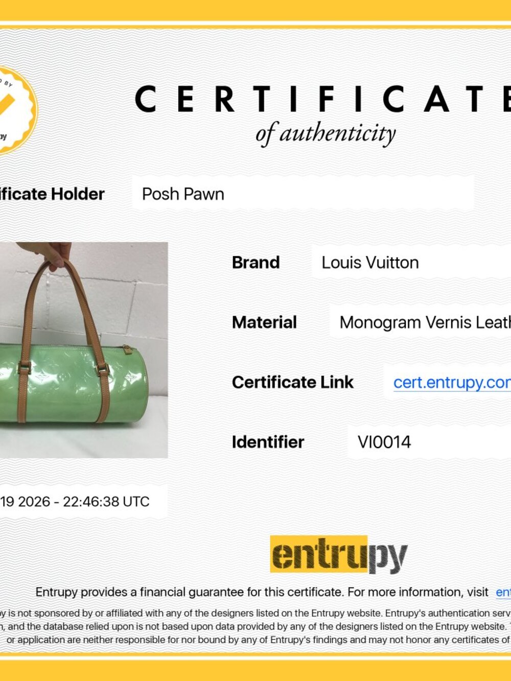 Authentic LOUIS VUITTON Monogram Green Bedford Vernis Papillon 30 Handbag - Picture 13 of 13